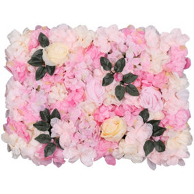 Artificial Flower Wall Backdrop Panel, 60cm x 40cm, Blush Rose Pink with Leaves