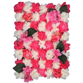 Artificial Flower Wall Backdrop Panel, 60cm x 40cm, Hot Pink White Leaves