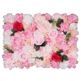Artificial Flower Wall Backdrop Panel, 60cm x 40cm, Hot Rose Pink with Leaves