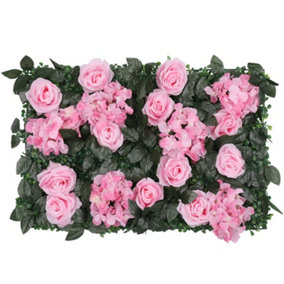 Artificial Flower Wall Backdrop Panel, 60cm x 40cm, Pink Roses with Leaves