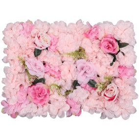 Artificial Flower Wall Backdrop Panel, 60cm x 40cm, Pink with Green Leaves