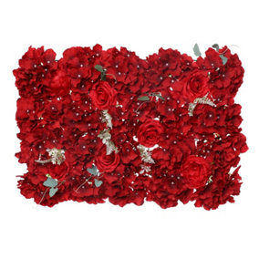 Artificial Flower Wall Backdrop Panel, 60cm x 40cm, Red with Green Leaves