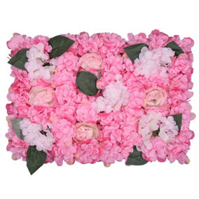 Artificial Flower Wall Backdrop Panel, 60cm x 40cm, Rose pink with Green Leaves