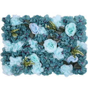 Artificial Flower Wall Backdrop Panel, 60cm x 40cm, Turquoise Blue with Leaves