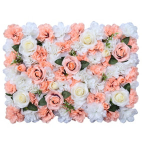 Artificial Flower Wall Backdrop Panel, 60cm x 40cm, White Coral Roses & Leaves