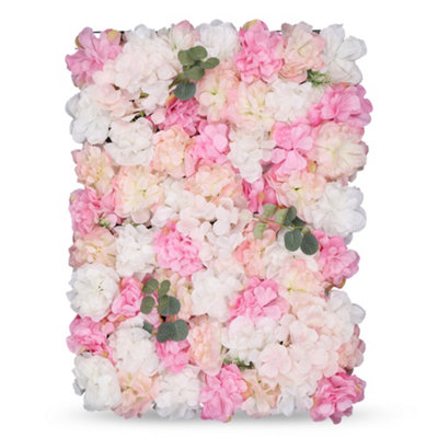 Artificial Flower Wall Backdrop Panel, 60cm X 40cm, Blush Rose Pink With Leaves