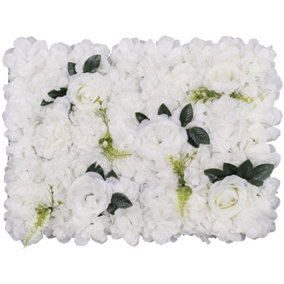 Artificial Flower Wall Backdrop Panel, 60cm x 40cm, White with Green Leaves