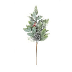 Artificial Frosted Foliage, Pine Cone and Red Berry Christmas Pick. H50 cm