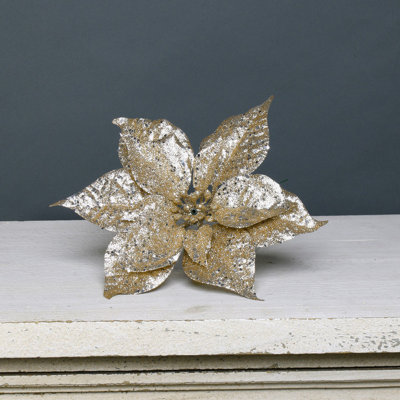 Artificial Gold Glitter Poinsettia Pick. Pack of 3. Height 24 cm