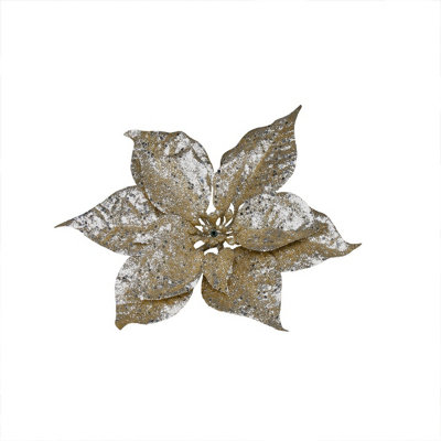 Artificial Gold Glitter Poinsettia Pick. Pack of 3. Height 24 cm