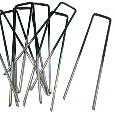 Artificial Grass U Pins Metal Fixing Pegs Green Top Galvanised Astro Turf Staples - 15cm Long - Pack of 100