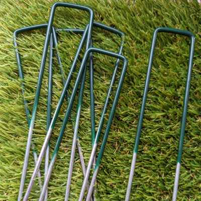 Artificial Grass U Pins Metal Fixing Pegs Green Top Galvanised Astro Turf Staples - 15cm Long - Pack of 30
