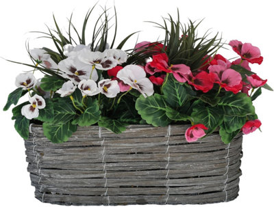 Artificial Grey Rattan Window Box with Pink & White Pansies and ...