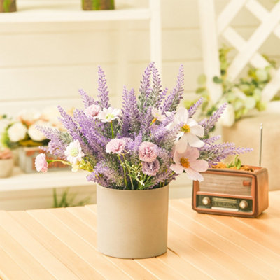 Artificial Lavender Potted Purple Flower Rustic Wood Planter Tabletop Decor