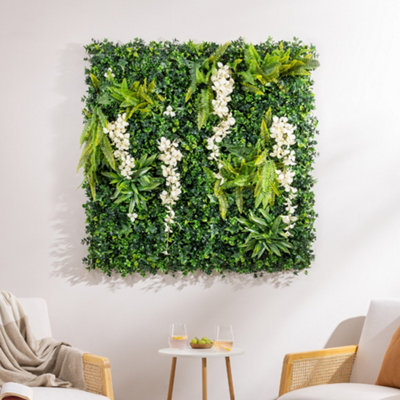 Artificial Living Wall Panels Wisteria Green Plant Foliage Indoor Outdoor 1m x 1m - White
