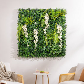 Artificial Living Wall Panels Wisteria Green Plant Foliage Indoor Outdoor 1m x 1m - White