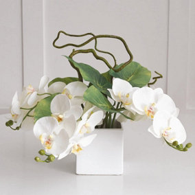 Artificial Lusong Orchid Arrangement in Vase - Faux Pure White Phalaenopsis, Exotic Leaves & Twisted Willow Stems - H27 x W33cm