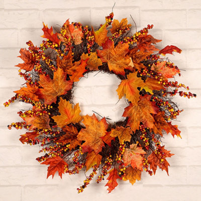 Artificial Maple Leaves Wreath with Berries Harvest Halloween Decor 45 cm