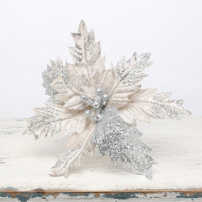 Artificial Medium Silver Glitter Poinsettia Pick. Pack of 3. H28 cm