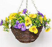 Artificial Pansy Flowers Rattan Hanging Basket Decoration Yellow Purple & White 25cm