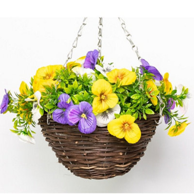 Artificial Pansy Flowers Rattan Hanging Basket Decoration Yellow Purple & White 25cm