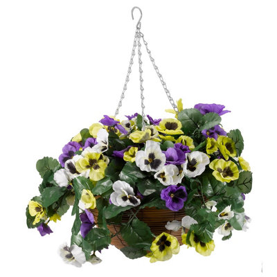 Artificial Pansy Regal Hanging Basket - UV & Weather Resistant Faux Flower Display in Pot with Metal Chain - H27 x 45cm Diameter