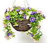 Artificial Petunia Flowers Rattan Hanging Basket Decoration Pink Purple & White 25cm