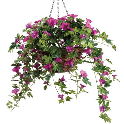 Artificial Petunia Hanging Basket, Lush Fabric Flowers, 30cm Wicker Basket, 47cm Hanging Chain