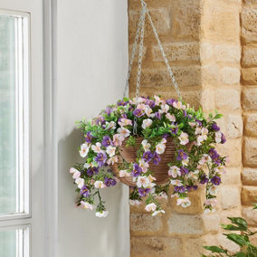 Artificial Petunia Regal Hanging Basket - UV & Weather Resistant Faux Flower Display in Pot with Metal Chain - H57 x 30cm Diameter