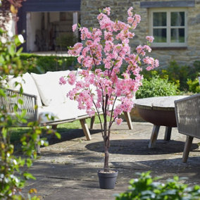 Artificial Pink Cherry Tree - Weatherproof Indoor Outdoor Home Garden Faux Fake Plant in Black Pot - Measures H140 x W66 x D50cm