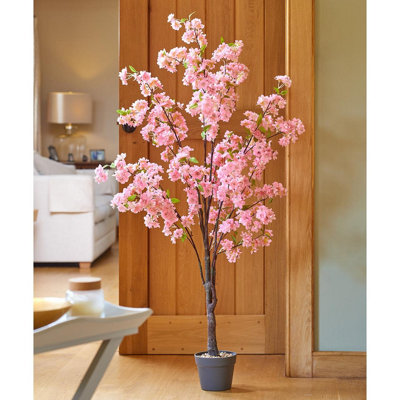 Artificial Pink Cherry Tree - Weatherproof Indoor Outdoor Home Garden Faux Fake Plant in Black Pot - Measures H140 x W66 x D50cm