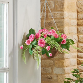 Artificial Pink Regal Hanging Basket - UV & Weather Resistant Faux Flower Display in Pot with Metal Chain - H38 x 35cm Diameter
