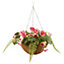 Artificial Pink Rose Sensation Hanging Basket - Realistic Fake Flower Display in Faux Rattan Basket - H38 x 35cm Diameter