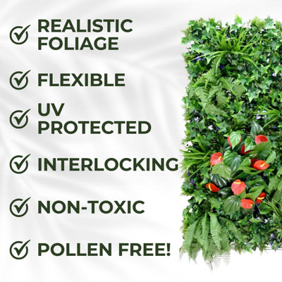 Artificial Plant Wall Panel Realistic Evergreen Flower Foliage - Indoor / Outdoor - Large 1m x 1m - Hedgerow - 3