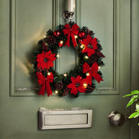 Artificial Poinsettia LED Christmas Wreath - Red Faux Flower Home Wall, Door, Table Decoration - Measures 40cm Diameter