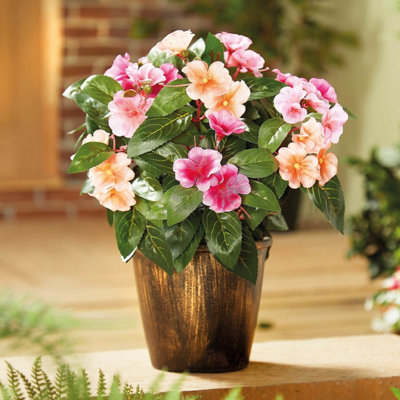 Artificial Potted Impatiens Plant, Realistic Busy Lizzie Flowers, Low Maintenance, Stone-Effect Pot, Indoor & Outdoor Display