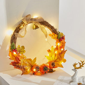 Artificial Pumpkin Maple Leaves Hanging Wreath with LED Lights for Thanksgiving Harvest Festival 40cm