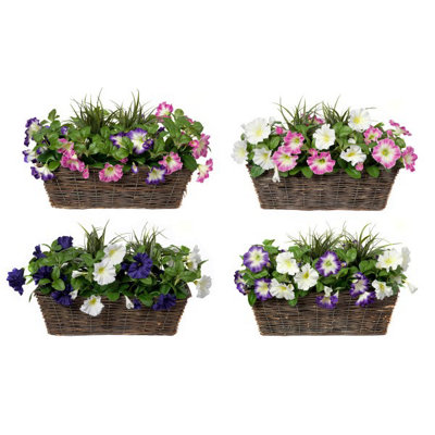 Artificial Rattan Window Box with Purple & White Petunias & Green ...