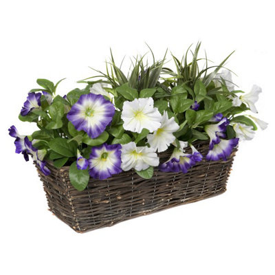 Artificial Rattan Window Box with Purple & White Petunias & Green ...