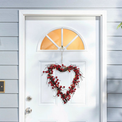 Artificial Red Berries Love Heart Shaped Wreath Valentine Front Door Decor with Lights