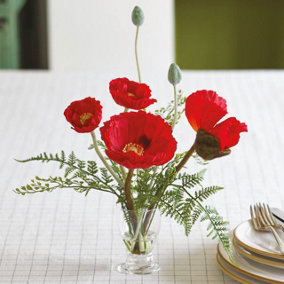 Artificial Red Meadowlark Poppy Arrangement in Vase - Faux Fake Flower Indoor Home Decoration - Measures H37 x W16cm