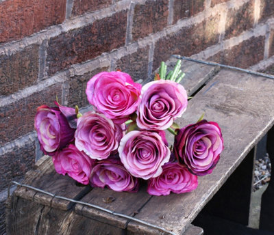 Artificial Silk Bunch of Roses. 9 Stems. Pink/Purple Mix. H40 cm