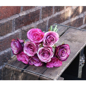 Artificial Silk Bunch of Roses. 9 Stems. Pink/Purple Mix. H40 cm