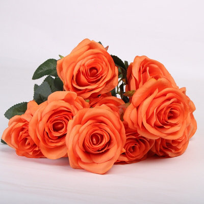 Artificial Silk Rose Bouquet, 10 Heads, Orange - Realistic Floral Decor for Home, Wedding & Events