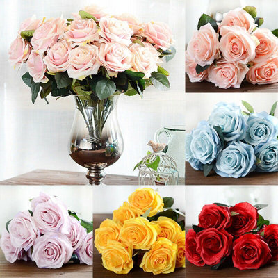 Artificial Silk Rose Bouquet, 10 Heads, Orange - Realistic Floral Decor for Home, Wedding & Events