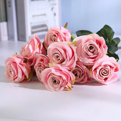 Artificial Silk Rose Bouquet, 10 Heads, Orange - Realistic Floral Decor for Home, Wedding & Events