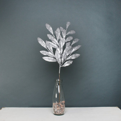 Artificial Silver Christmas Glitter Bay Leaf Spray H60 cm