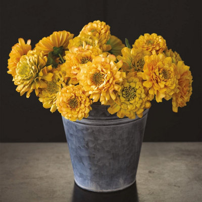 Artificial Single Yellow Zinnia Stem 33cm - Faux Silk Flowers, Fake Foliage Stems, Indoor Home Decor, Vase Not Included
