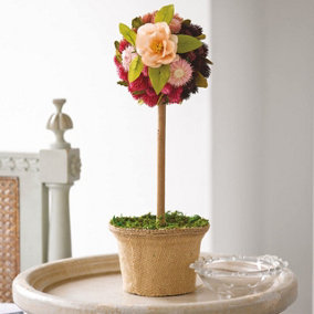 Artificial Strawflower Topiary Ball - Faux Helichrysum, Rose, Leaves & Seed Head Flower Arrangement - H38 x 14cm Diameter