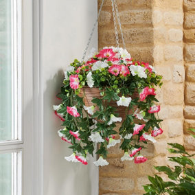 Artificial Summer Bloom Hanging Basket - UV & Weather Resistant Faux Flower Display in Pot with Metal Chain - H57 x 30cm Diameter